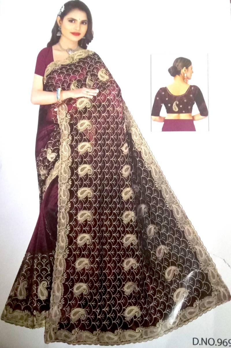 Twillnet Saree with Gold Zari Embroidery